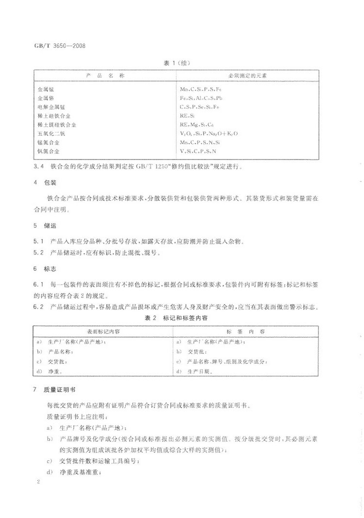 鐵合金驗收、包裝、儲運、標志和質(zhì)量證明書的一般規(guī)定國家標準GB/T 3650-2008